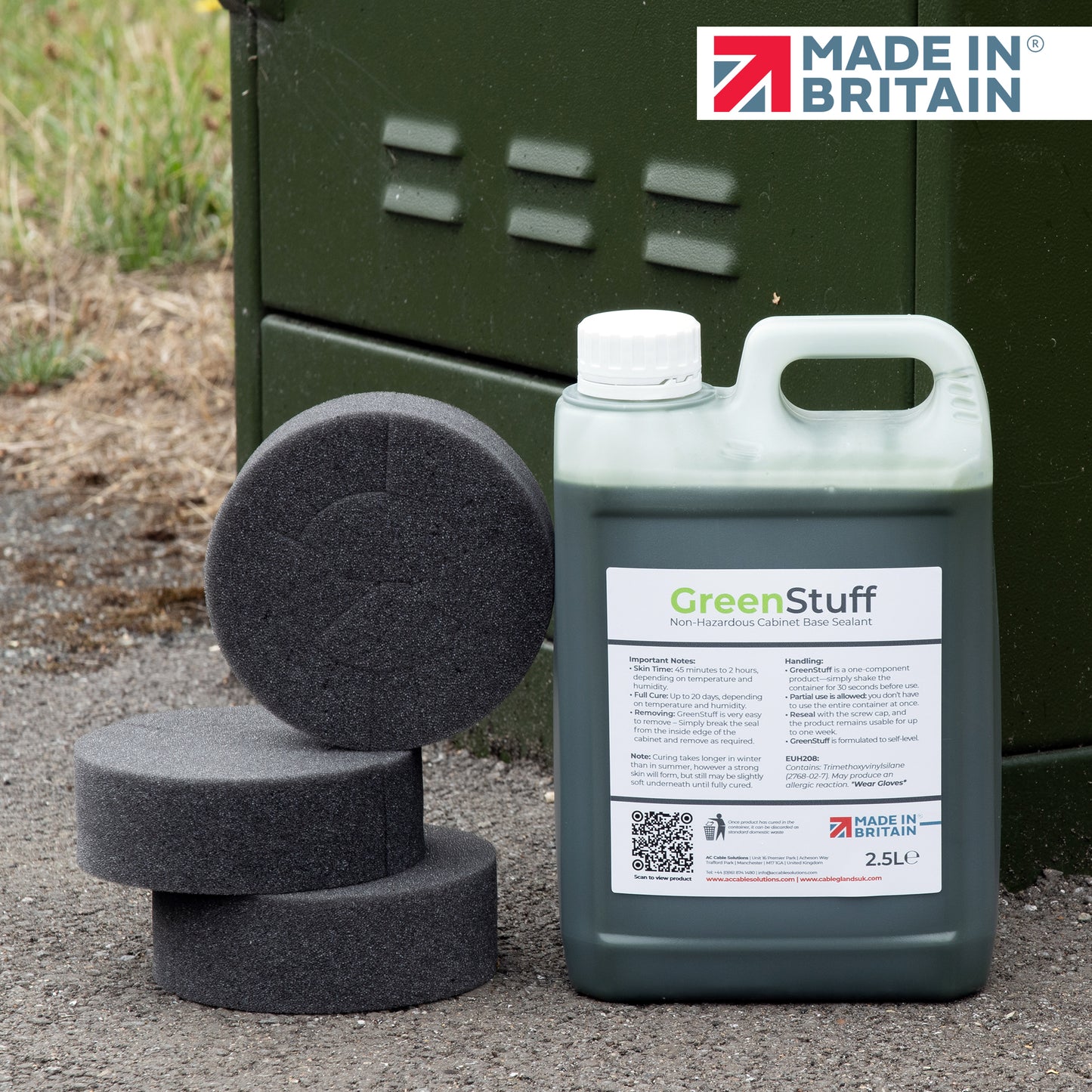 GreenStuff Non-Hazardous Cabinet Base Sealant 2.5 L container with duct sealing foam discs beside a telecom cabinet, Made in Britain, used for sealing underground enclosures and chambers.