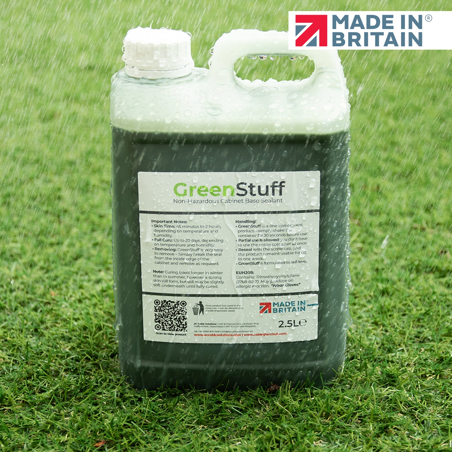 GreenStuff Non-Hazardous Cabinet Base Sealant 2.5 L container shown in outdoor rain conditions, Made in Britain product used for sealing cable chambers and underground enclosures.