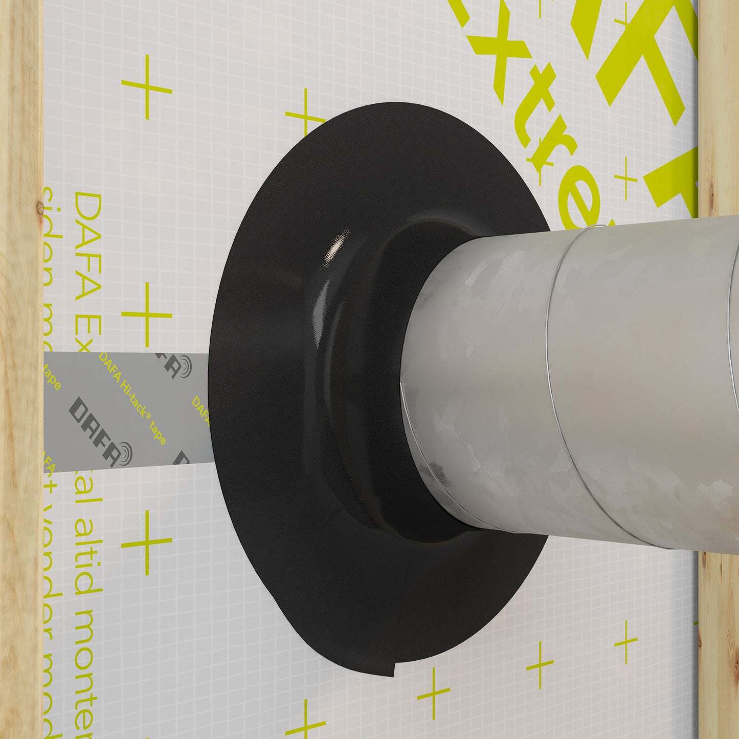DAFA Renovation Collar sealing a large grey duct on a DAFA vapour barrier membrane, creating an airtight pipe penetration with DAFA tape applied around the seal.