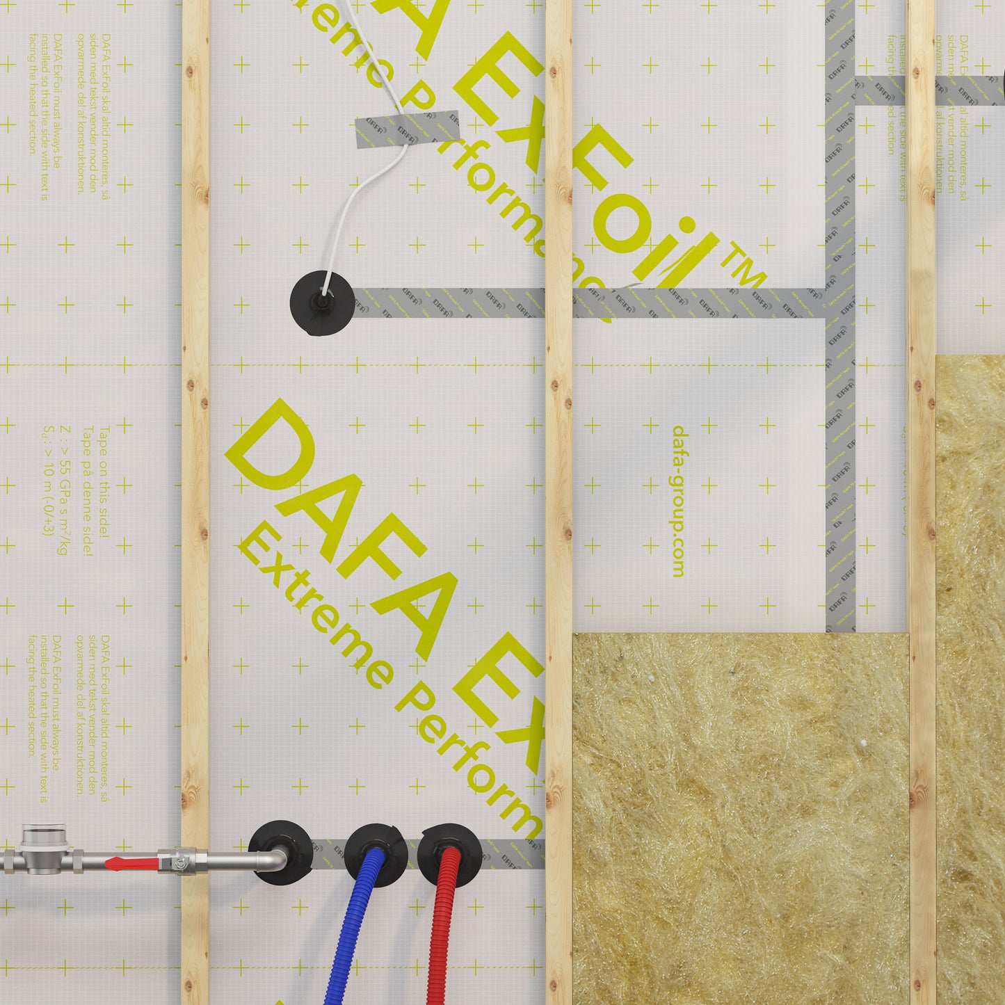 DAFA Renovation Collars installed on DAFA vapour barrier membrane with insulation and timber framing, sealing multiple cable and pipe penetrations for airtight performance.
