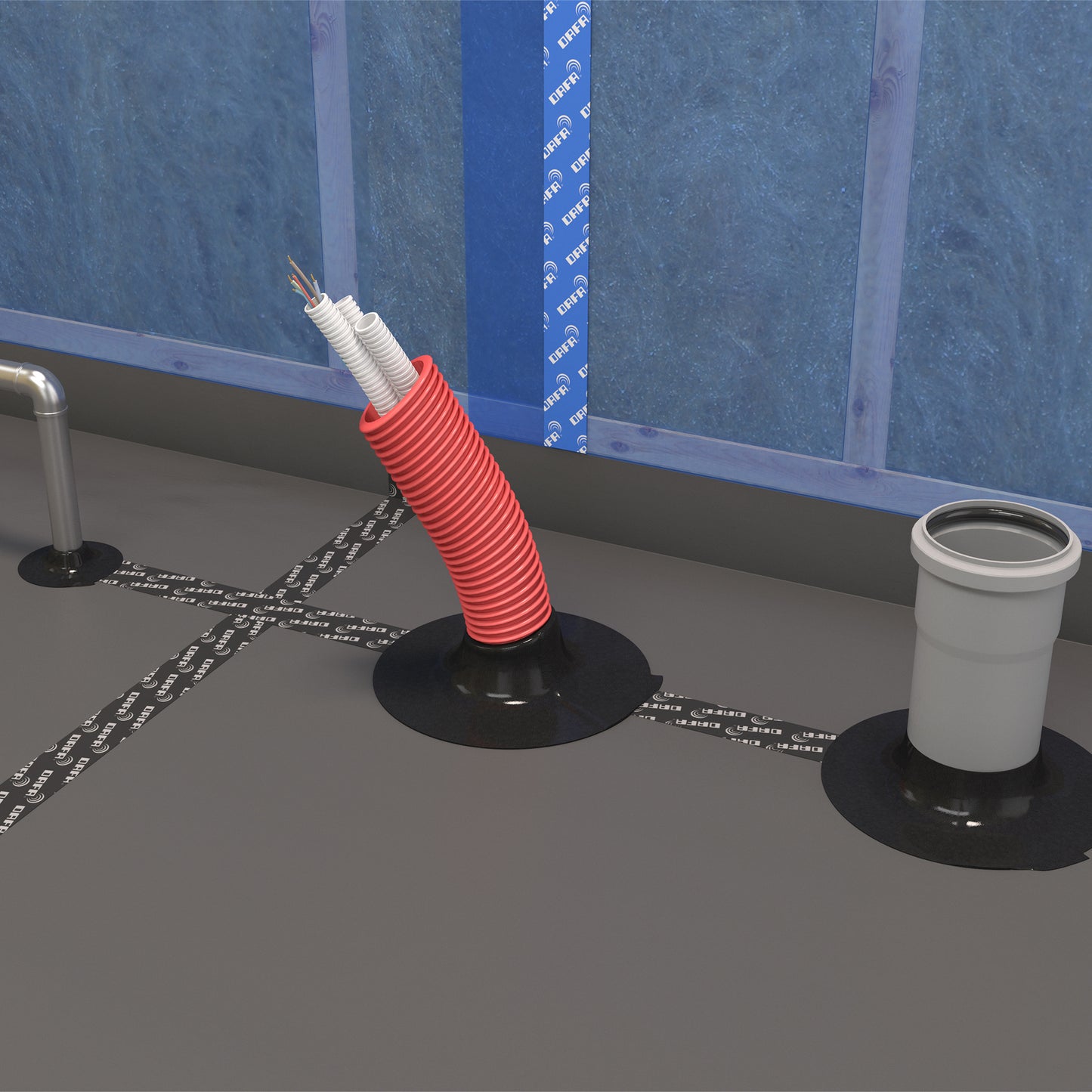 DAFA Renovation Collar installed on a grey floor membrane, sealing red and white conduits for airtight cable entry, with insulation and DAFA tape along blue wall panels.