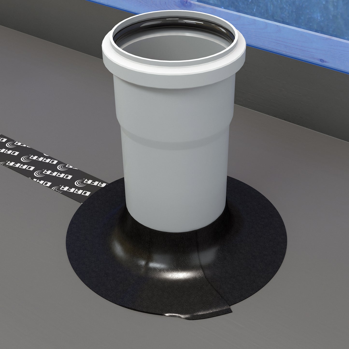 DAFA Renovation Collar sealing a grey vertical duct on a floor membrane, creating an airtight connection with black sealing base and DAFA tape for vapor control.