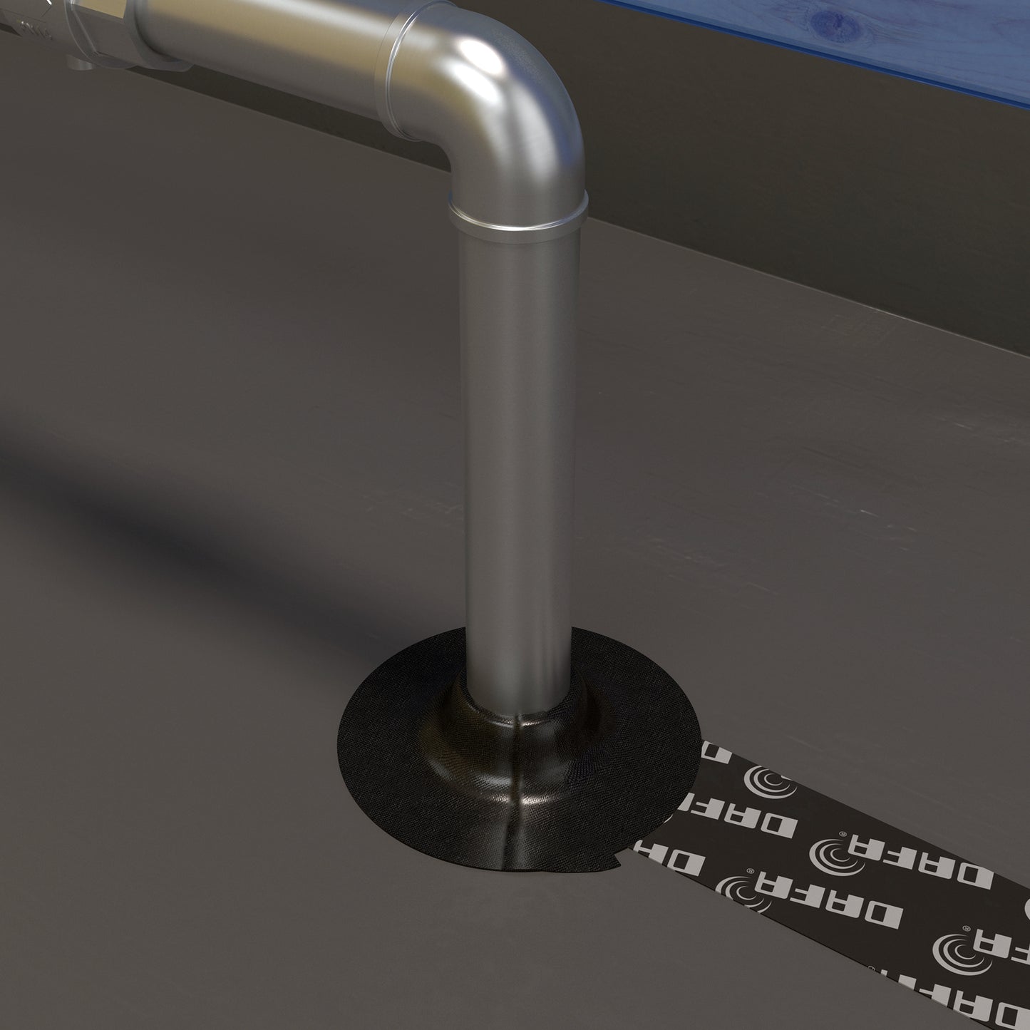 DAFA Renovation Collar providing an airtight seal around a metal pipe on a grey floor membrane, secured with DAFA sealing tape for durable and vapor-tight protection.