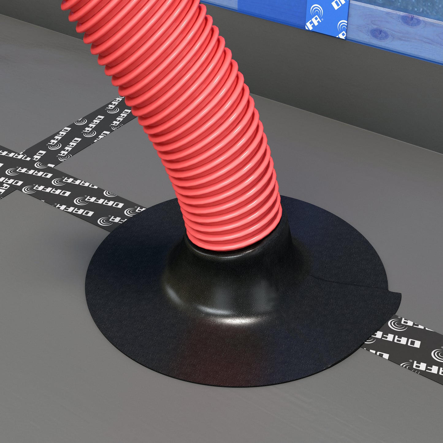 DAFA Renovation Collar installed on a grey floor membrane with a red flexible conduit for airtight sealing, secured using DAFA tape for vapor-tight performance.