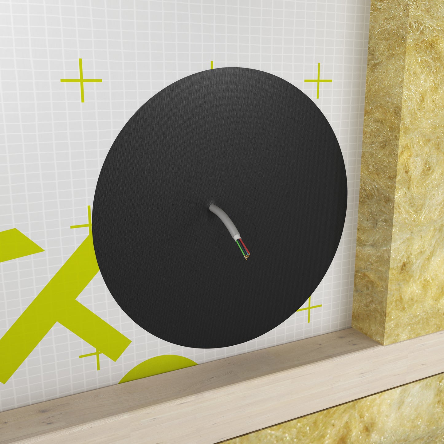 DAFA TriFlex Airtight Grommet installed on a vapour barrier membrane with insulation and timber frame, sealing a single electrical cable for airtight performance.
