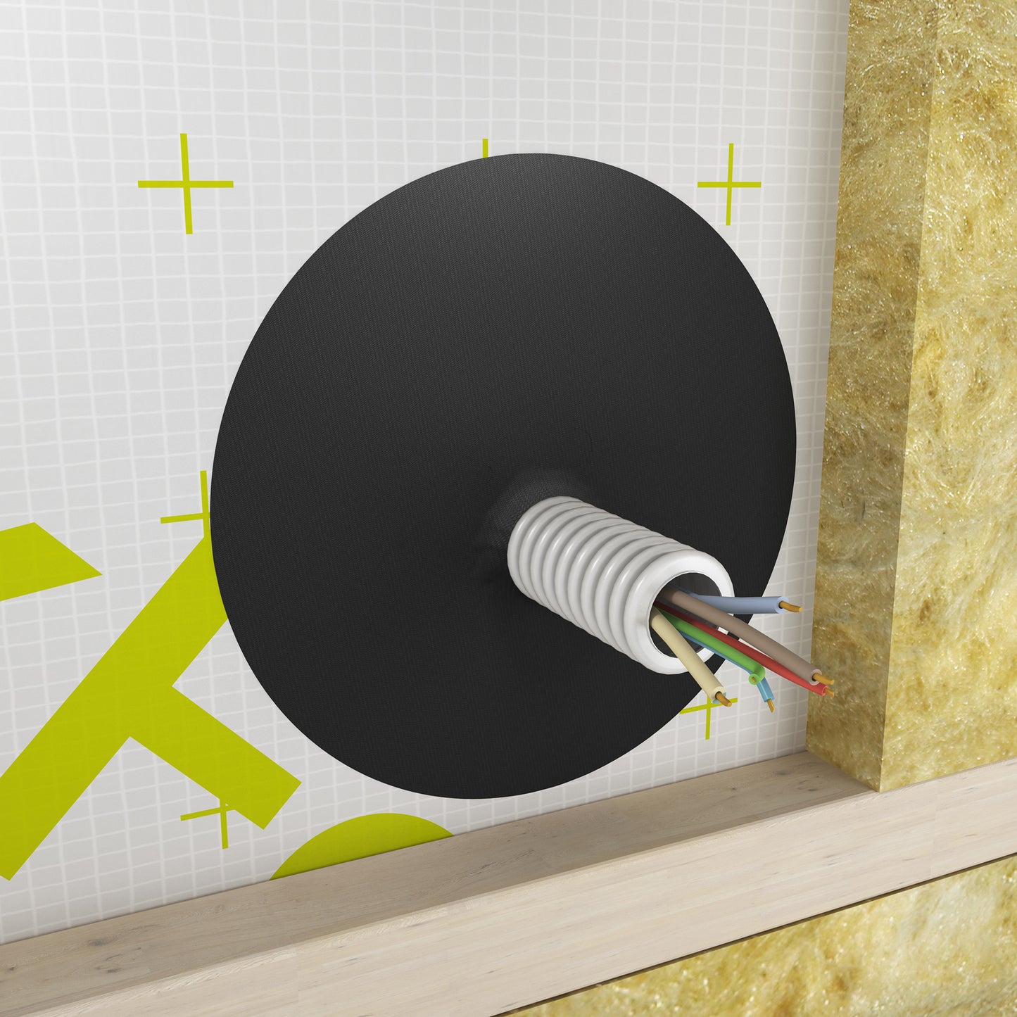 DAFA TriFlex Airtight Grommet installed on a vapour barrier membrane, sealing multiple electrical cables passing through a corrugated conduit, with insulation and timber frame in view.