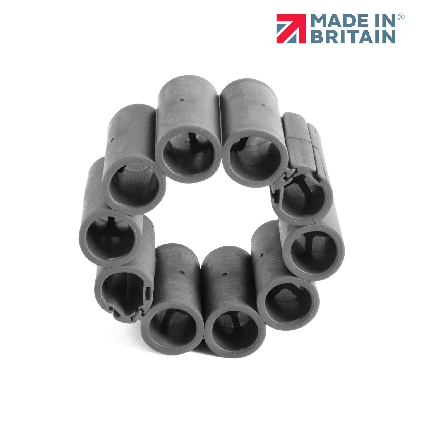 Circular arrangement of DuctSeal FR fire-resistant sealing tubes displayed on a white background, showing product design and durability, with the ‘Made in Britain’ logo above.