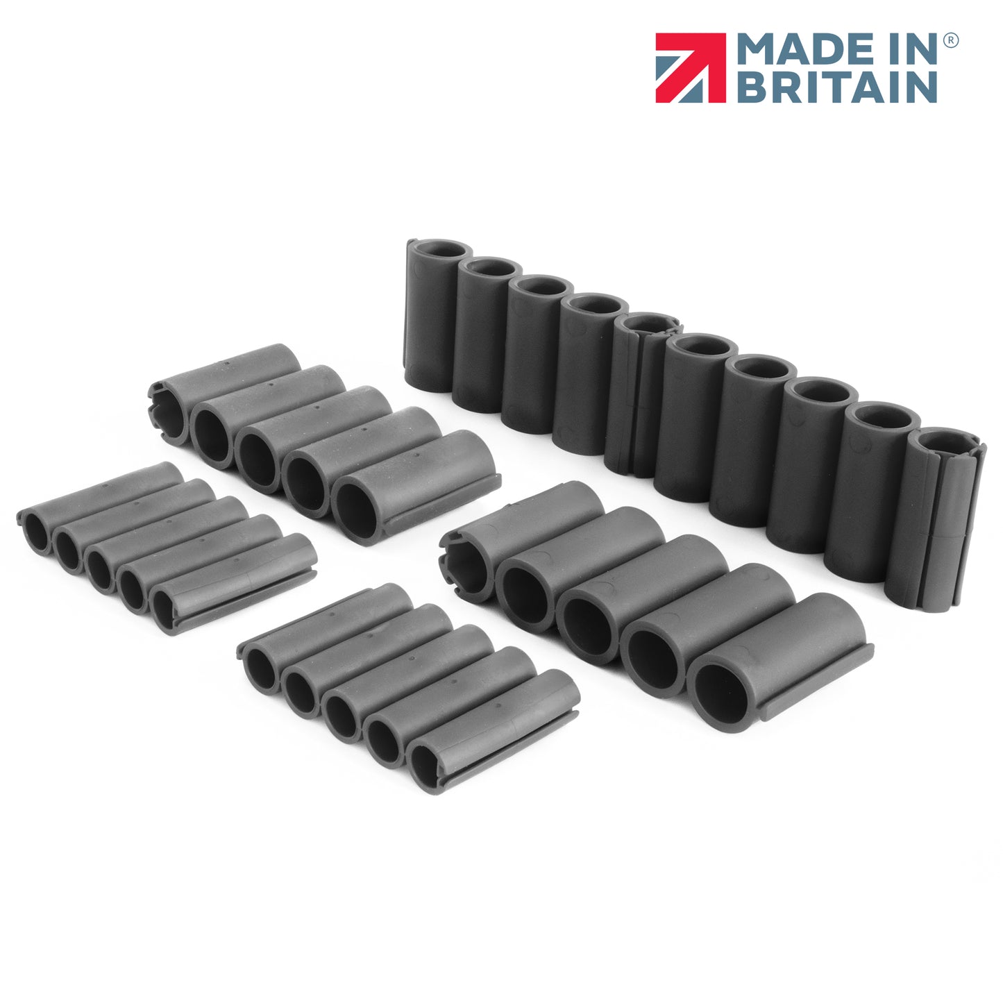 Set of black DuctSeal FR fire-resistant sealing tubes arranged on a white background, designed for cable duct applications, featuring the ‘Made in Britain’ logo.