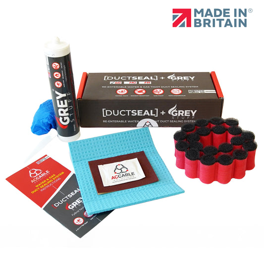Complete DuctSeal LG kit—Grey Stuff sealant, red LG foam segments, box, blue wipe and glove, and leaflets on white, with “Made in Britain” badge.