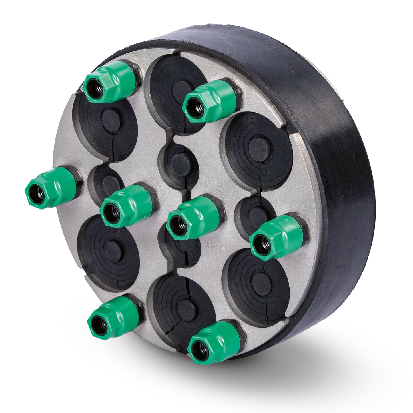KRASO® Universal Mechanical Duct Sealing System 150mm with nine green torque bolts and EPDM rubber sealing layers, designed for secure gas-, water-, and pressure-tight cable and pipe penetrations.