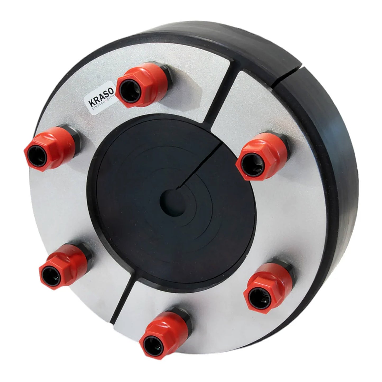 KRASO® Universal Mechanical Duct Sealing System 150mm with six red compression bolts and stainless-steel plates, ensuring reliable, gas-, water-, and pressure-tight sealing for cable and pipe penetrations in industrial duct systems.