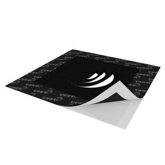 DAFA Airtight Universal Pipe Grommet – flexible black sealing mat for air and vapour-tight pipe penetrations in construction, shown with self-adhesive backing