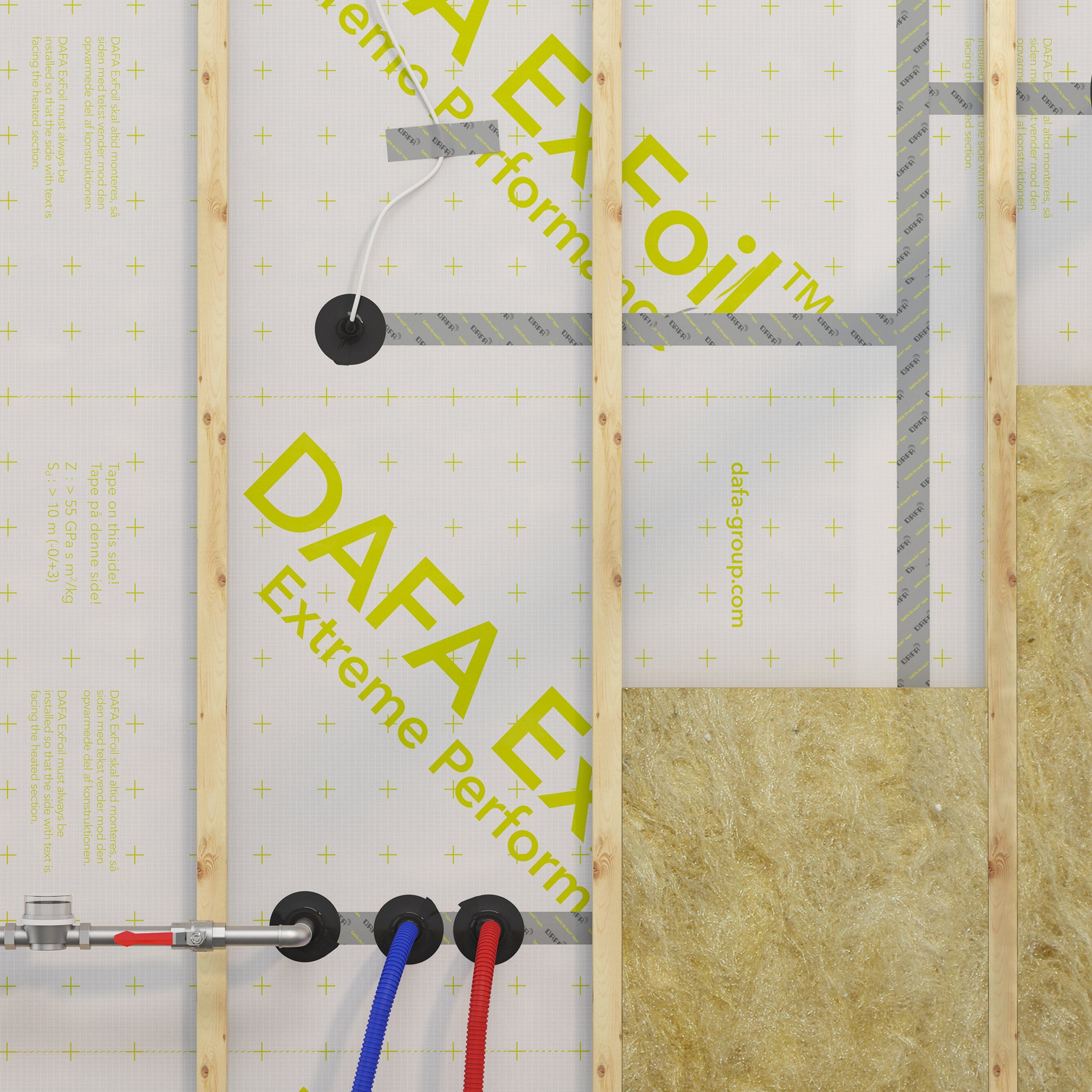DAFA Renovation Collars installed on DAFA vapour barrier membrane with insulation and timber framing, sealing multiple cable and pipe penetrations for airtight performance.