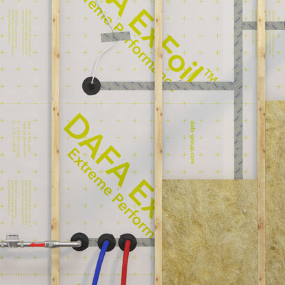 DAFA Renovation Collars installed on DAFA vapour barrier membrane with insulation and timber framing, sealing multiple cable and pipe penetrations for airtight performance.
