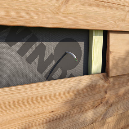 DAFA TriFlex Airtight Grommet installed behind exterior timber cladding, sealing a single cable through a vapour control layer for airtight and weatherproof performance.