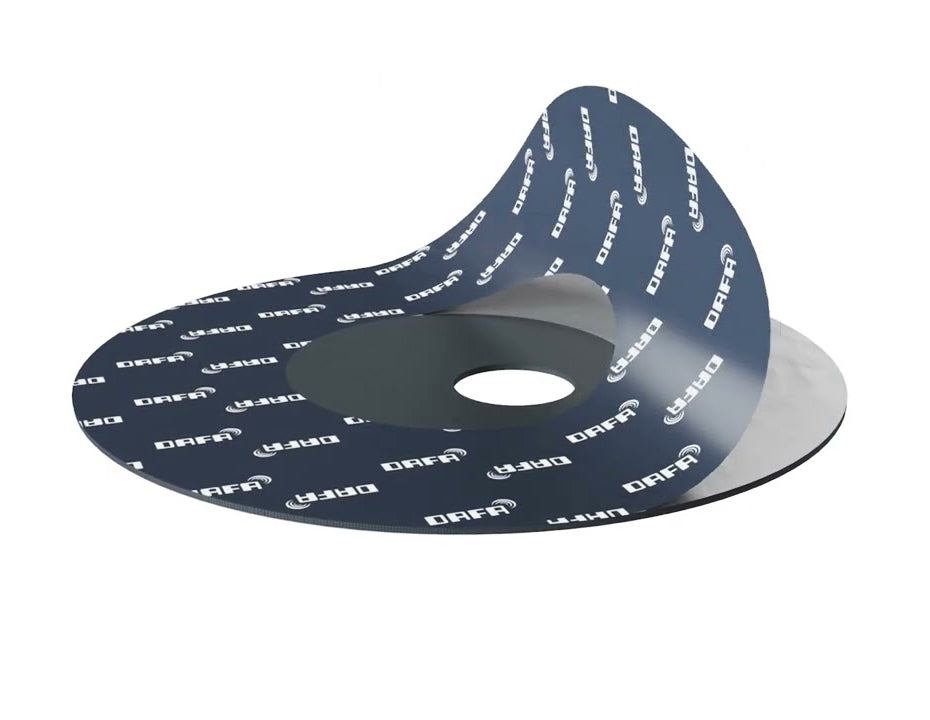 DAFA Peel self-adhesive airtight pipe grommet with central hole and peel-back liner on a white background.
