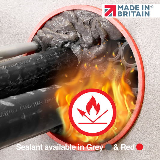 Fire-rated duct sealant applied around electrical and data cables with visible flames, demonstrating heat resistance. Made in Britain label shown.