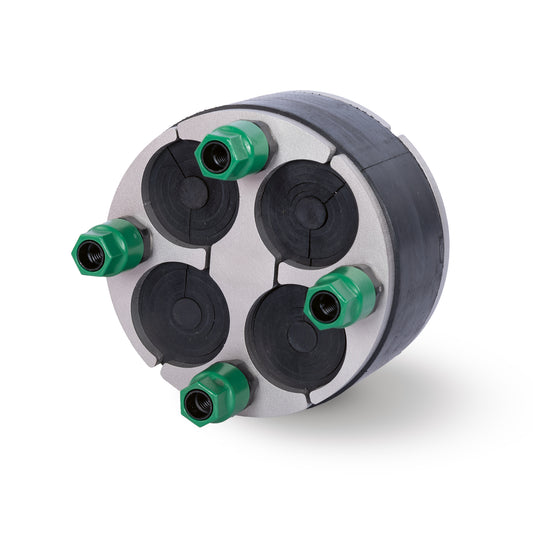 KRASO® Universal Mechanical Duct Sealing System 100mm with stainless steel compression plates and green torque-controlled nuts, designed for gas-, water-, and pressure-tight sealing of multiple cables or pipes